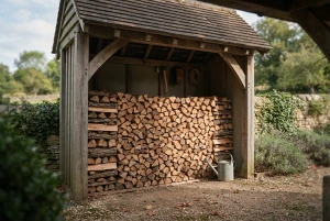 Ordentlich aufgeschichtetes Brennholz in einem überdachten Holzlager