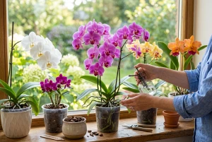 Blühende Orchidee auf einer Fensterbank