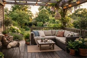 Gemütliche Outdoor-Lounge mit Sitzmöbeln auf der Terrasse