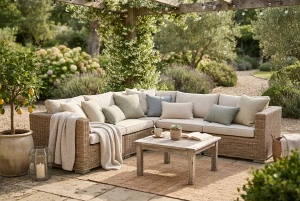 Gemütliche Sofaecke mit Kissen im Außenbereich