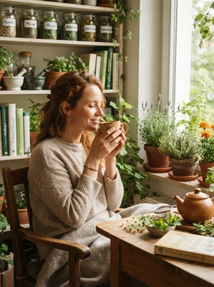 Person beruhigt sich mit einer Tasse Kräutertee