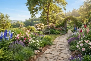 Üppig blühende Pflanzen in einem paradiesischen Garten