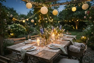 Gedeckter Gartentisch mit Beleuchtung für eine Gartenparty
