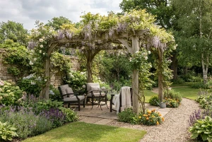 Pergola mit Kletterpflanzen über einem Sitzplatz im Garten