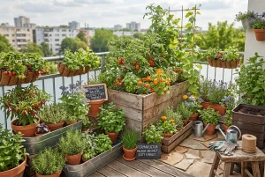 Balkon mit permakulturell angeordneten Pflanzkübeln und Kräutern