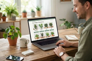 Laptop mit Pflanzenfotos als Symbol für einen Onlinehandel mit Pflanzen