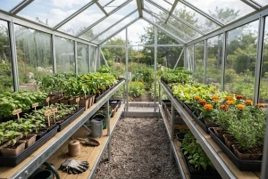 Jungpflanzen werden im Gewächshaus aufgezogen