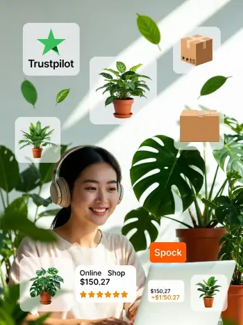 alt=Junge Frau mit Headphones kauft online Zimmerpflanzen – sie lächelt vor dem Laptop, umgeben von gesunden Monstera und Ficus-Pflanzen, Trustpilot-Bewertungen und Rabatt-Icons