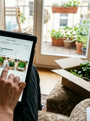 Nahaufnahme einer Person, die auf einem Tablet einen Online-Pflanzen-Shop durchsucht. Der Bildschirm zeigt Produktfotos und Bewertungen. Im Hintergrund ist ein Karton mit neuen Pflanzen und ein Balkon zu sehen.