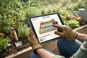 Digitaler Gartenplaner am Tablet mit Bepflanzungsvorschlag