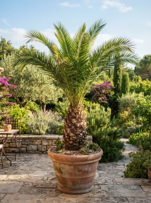 Phoenix canariensis mit dicht gefiederten, bogig überhängenden Wedeln