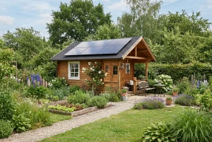 Solarmodule auf einem Gartenhaus-Dach neben einem grünen Garten