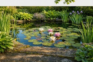 Gartenteich mit Seerosen und Bepflanzung