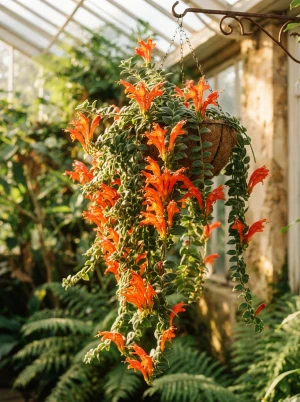 Rachenrebe mit leuchtend orangeroten Blüten an hängenden Trieben