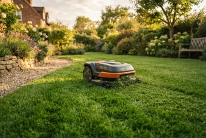 Mähroboter mit Mulchfunktion auf dichtem Rasen