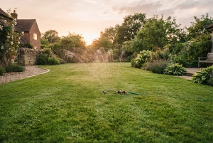 Rasensprenger bewässert einen grünen Rasen an einem Sommerabend