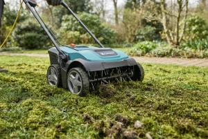 Nahaufnahme eines Vertikutierers auf moosigem Rasen