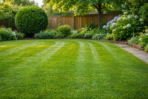 Frisch gemähter, dichter Rasen im Garten