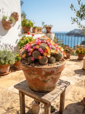 Rebutia mit kleinem, kugeligem Körper und leuchtenden Blüten