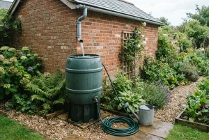 Regentonne sammelt Wasser für die Gartenbewässerung