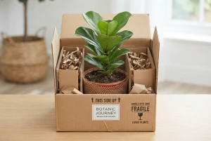 Verpackte Pflanze in einer Transportbox für die Reise