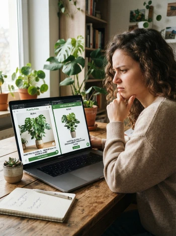 Frau vergleicht zwei Online-Pflanzenshops mit unterschiedlichen Preisen für dieselbe Monstera am Laptop