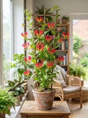 Ruhmeskrone mit rankenden Trieben und flammenförmigen, rot-gelben Blüten