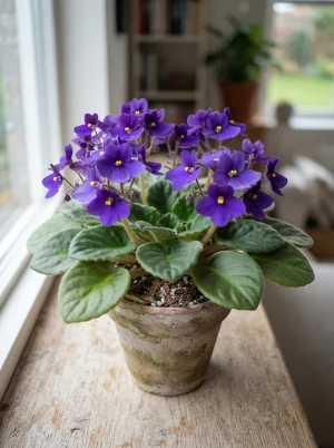 Saintpaulia mit samtigen Blättern und violetten Blüten