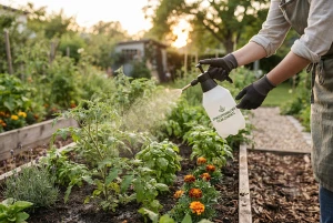 Umweltfreundliches Pflanzenschutzmittel wird auf ein Beet gesprüht