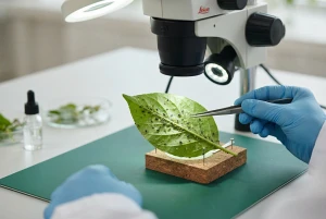 Von Schädlingen befallenes Blatt wird genauer untersucht