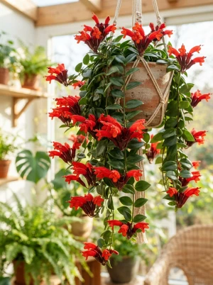 Schamblume mit leuchtend roten, röhrenförmigen Blüten