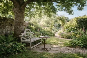 Schattiger Sitzplatz unter einem Baum im Garten