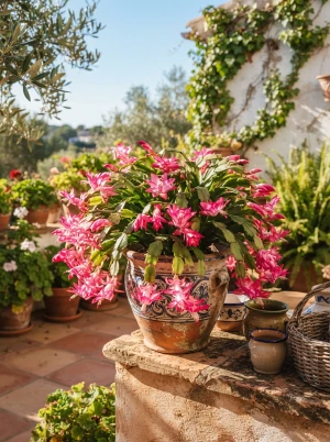 Schlumbergera mit hängenden, gegliederten Trieben und leuchtenden Blüten