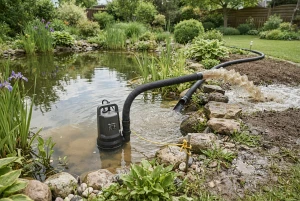 Schmutzwasserpumpe im Einsatz an einem Gartenteich