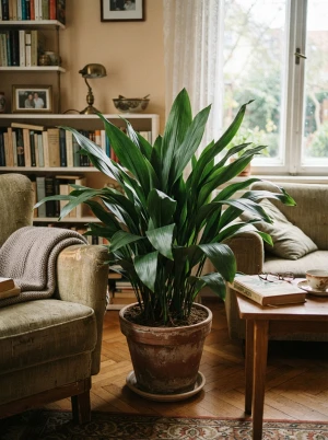 Schusterpalme mit dunkelgrünen, länglichen Blättern