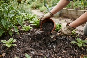 Frische Blumenerde wird in ein Pflanzloch eingebracht