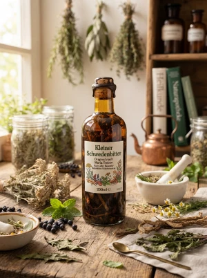 Kleiner Schwedenbitter in einer Flasche mit Kräutern