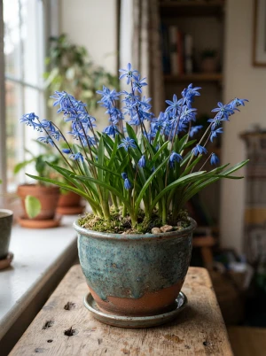 Scilla mit kleinen, blauen, glockenförmigen Blüten in dichten Trauben