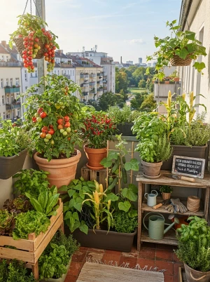 Gemüse und Kräuter wachsen in Kübeln auf einem kleinen Balkon