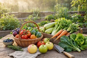 Frisch geerntetes Obst und Gemüse aus dem eigenen Garten