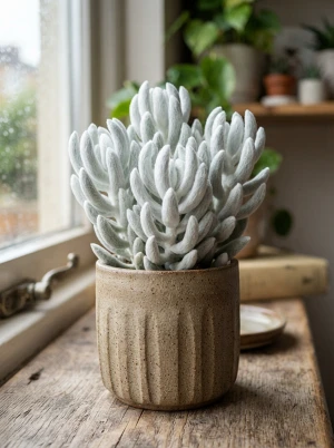 Senecio haworthii mit weiß-filzig behaarten, sukkulenten Blättern