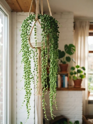 Senecio rowleyanus mit kugelrunden, perlenartigen Blättern an hängenden Trieben