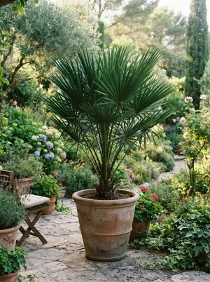 Serenoa repens 'green' mit niedrigem Wuchs und grünen Fächerwedeln