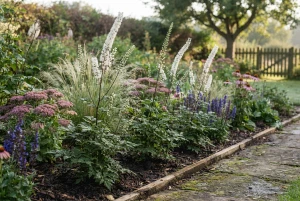 Silberkerze mit weißen Blütenkerzen im Spätsommerbeet