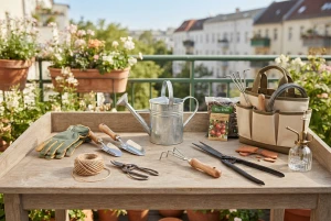 Auswahl an Gartengeräten und Werkzeug für Beet und Balkon
