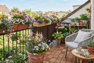 Bunte Sommerblumenmischung auf Balkon und Terrasse