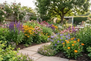 Bunte Sommerblumenrabatte in voller Blüte