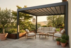 Beschatteter Sitzbereich auf der Terrasse als Sonnenschutz