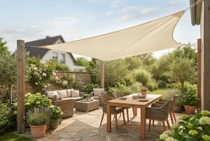 Sonnensegel spannt sich über einen Terrassenbereich als Schutz