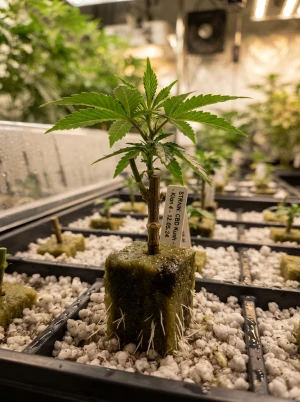 Cannabissteckling wurzelt in einem Anzuchttopf
